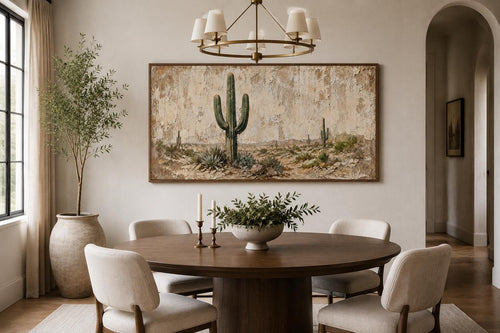 Minimalist Desert With Saguaro Cactus Painted on Neutral Weathered Wood Background Canvas Wall Art