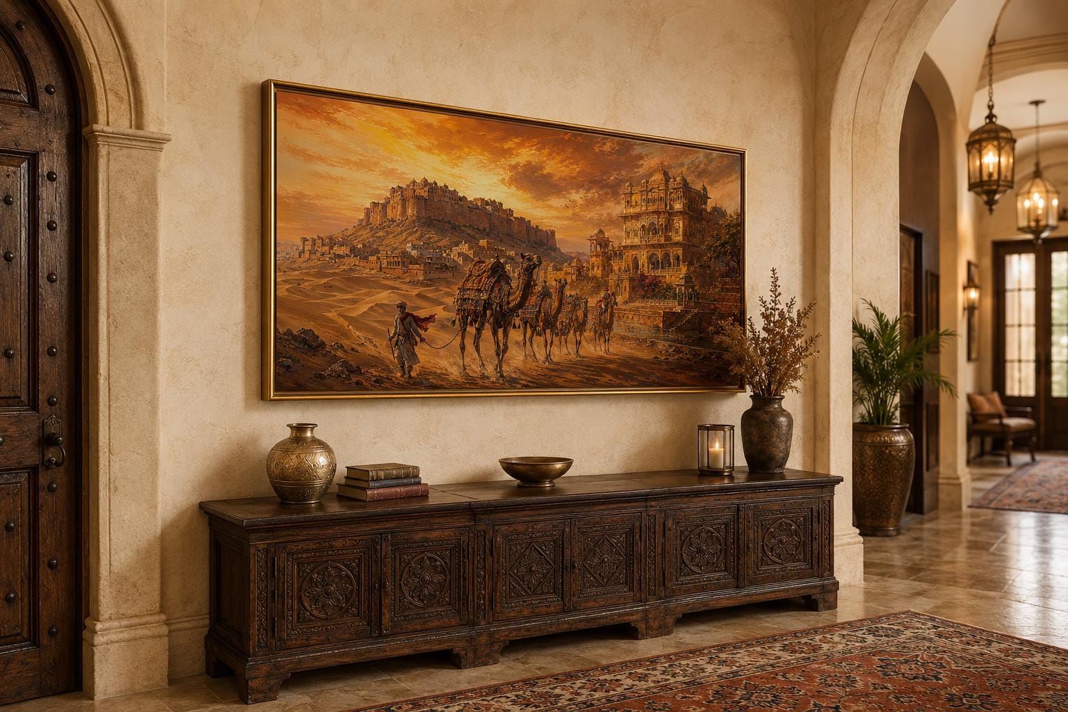 Indian Camel Caravan Painting | Rajasthan Wall Art - Desert Landscape Canvas Print