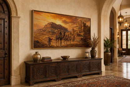 Indian Camel Caravan Painting | Rajasthan Wall Art - Desert Landscape Canvas Print