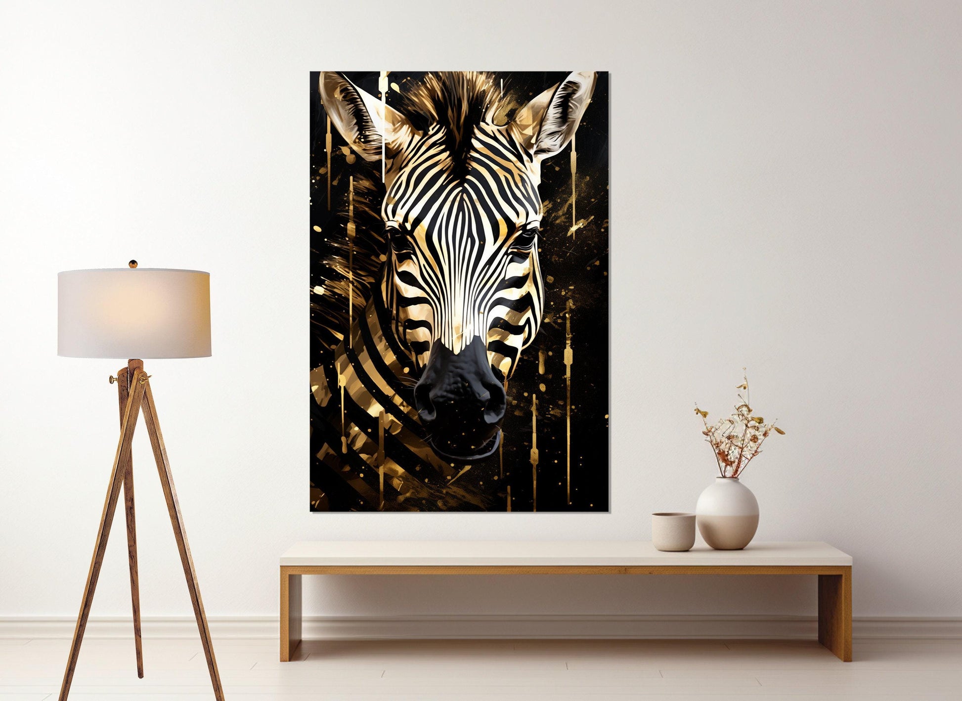 Zebra Canvas Print – Abstract Black Gold Art | Framed Vertical Portrait