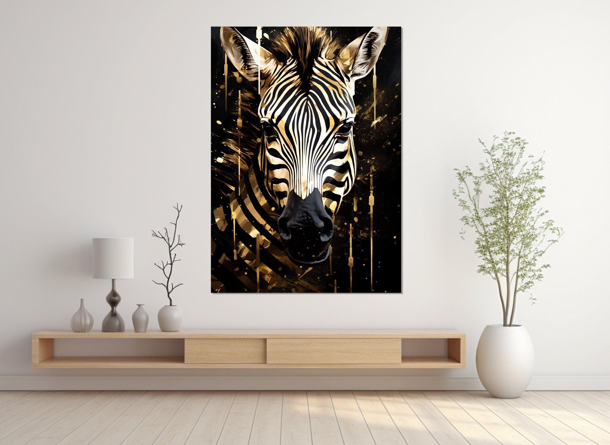 Zebra Canvas Print – Abstract Black Gold Art | Framed Vertical Portrait