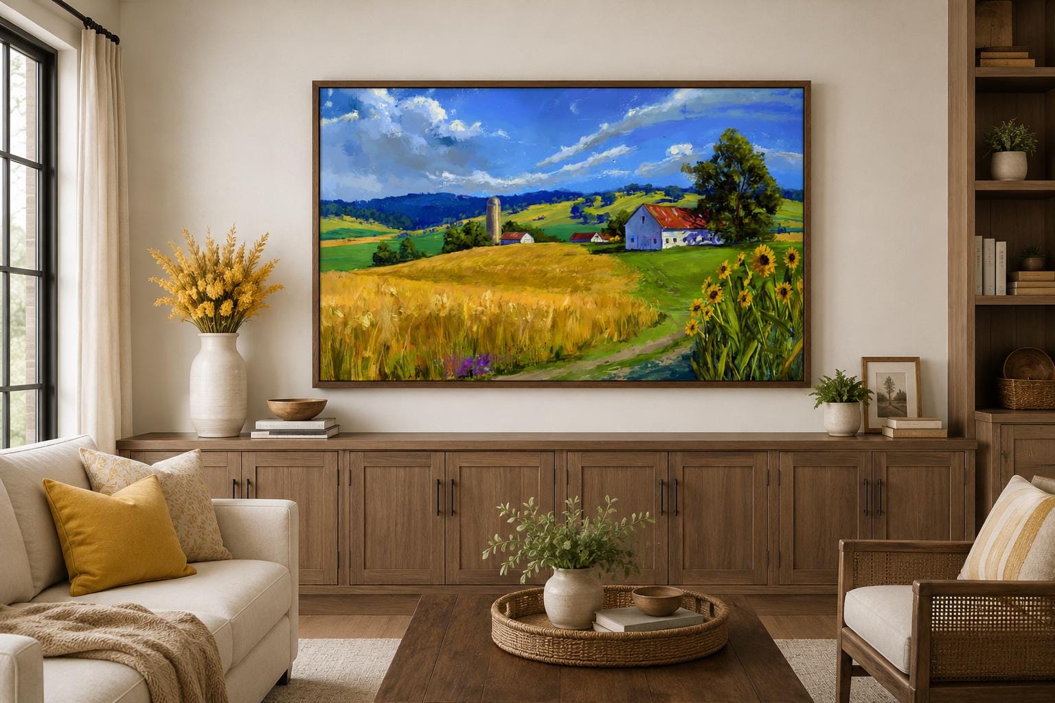 Farmhouse Landscape Wall Art - Impressionist Wheat Field with Sunflowers Canvas Print