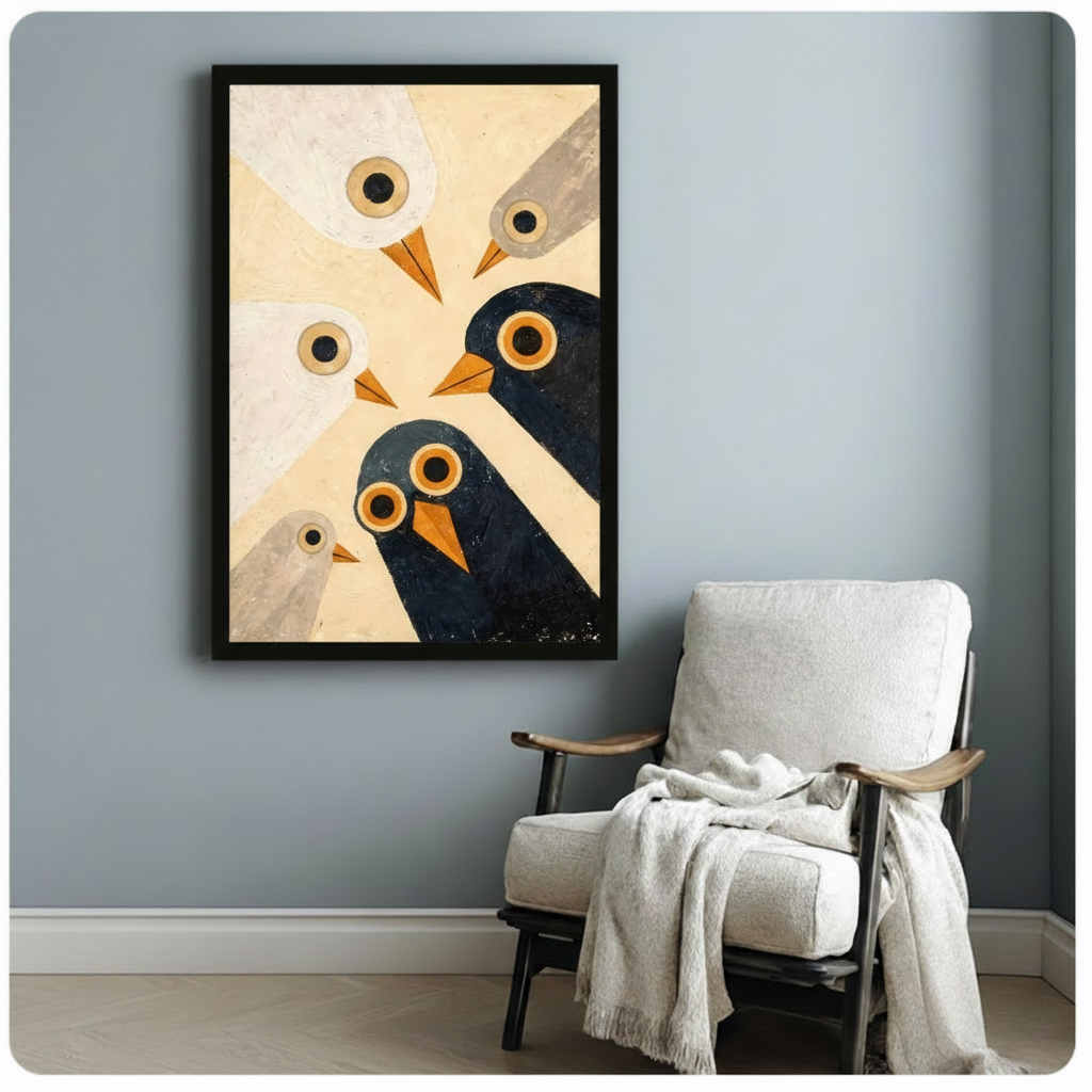 Retro Geometric Birds Framed Canvas Wall Art