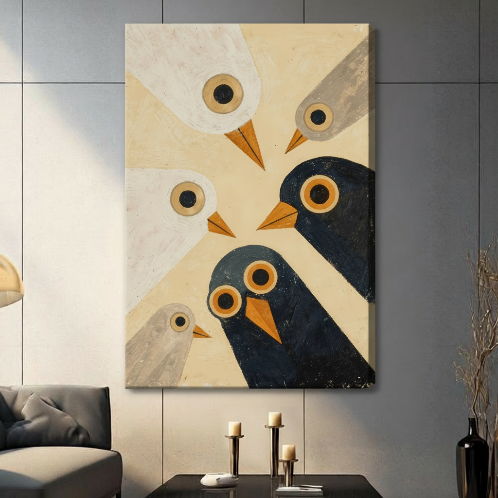 Retro Geometric Birds Framed Canvas Wall Art