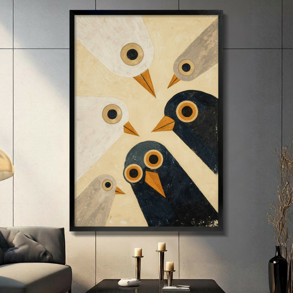 Retro Geometric Birds Framed Canvas Wall Art
