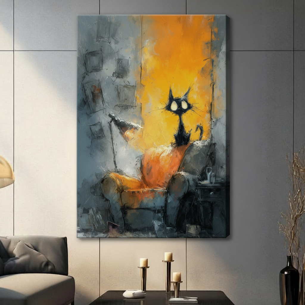 Black Cat on Sofa Abstract Expressionist Canvas Art