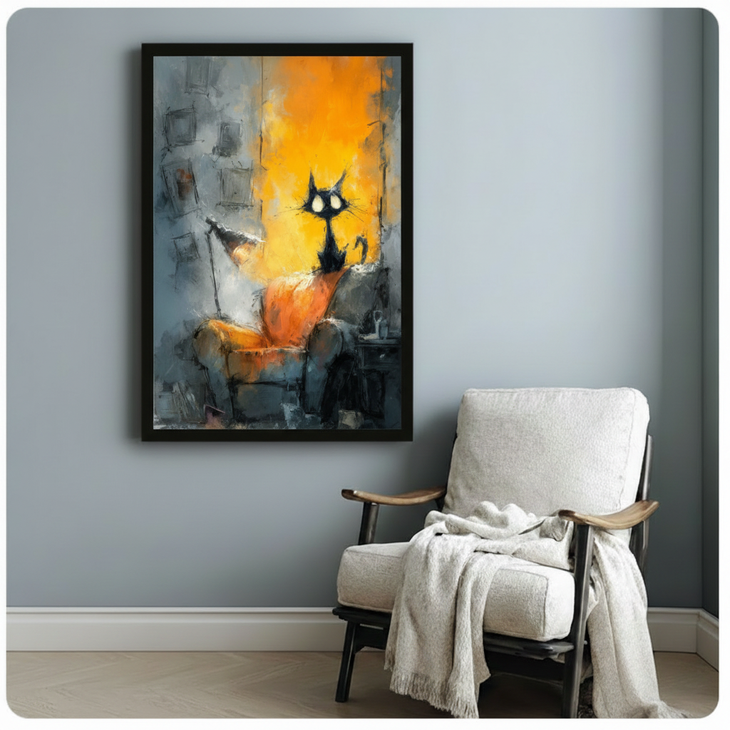 Black Cat on Sofa Abstract Expressionist Canvas Art