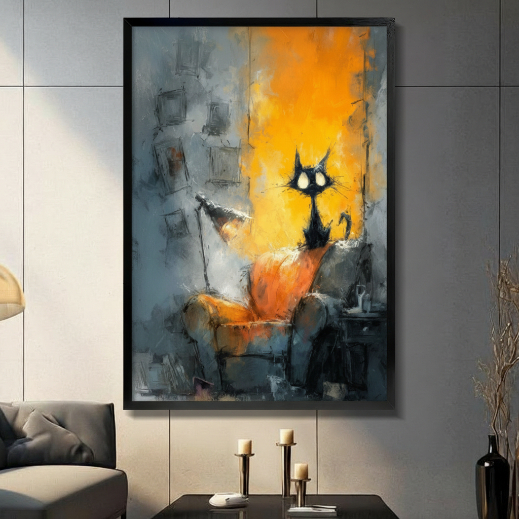 Black Cat on Sofa Abstract Expressionist Canvas Art
