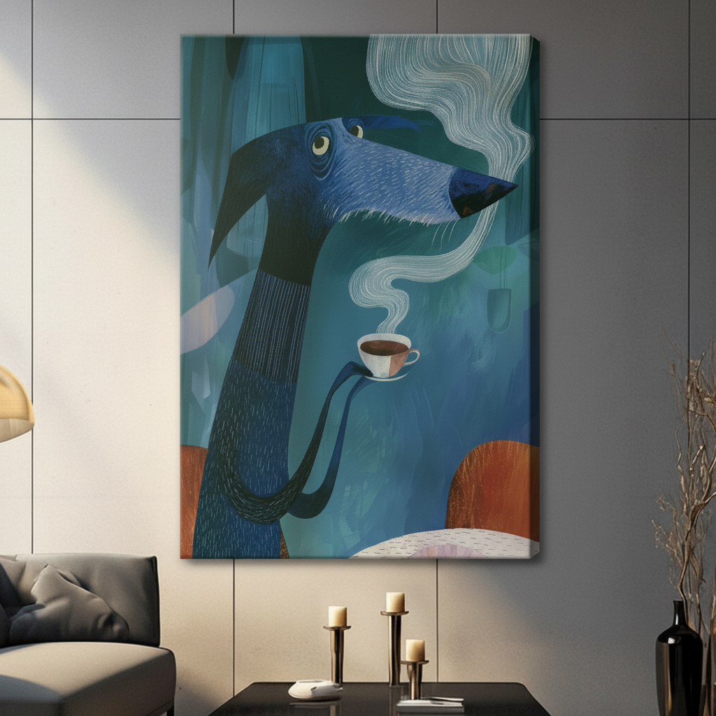Surreal Blue Dog Coffee Cup Illustration Wall Art