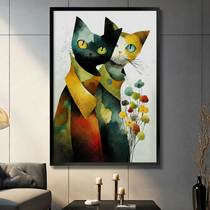 Abstract Cat Couple Floral Wall Art Canvas Print