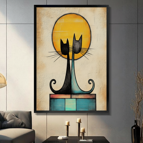 Two Cats Golden Moon Framed Canvas Art Wall Art