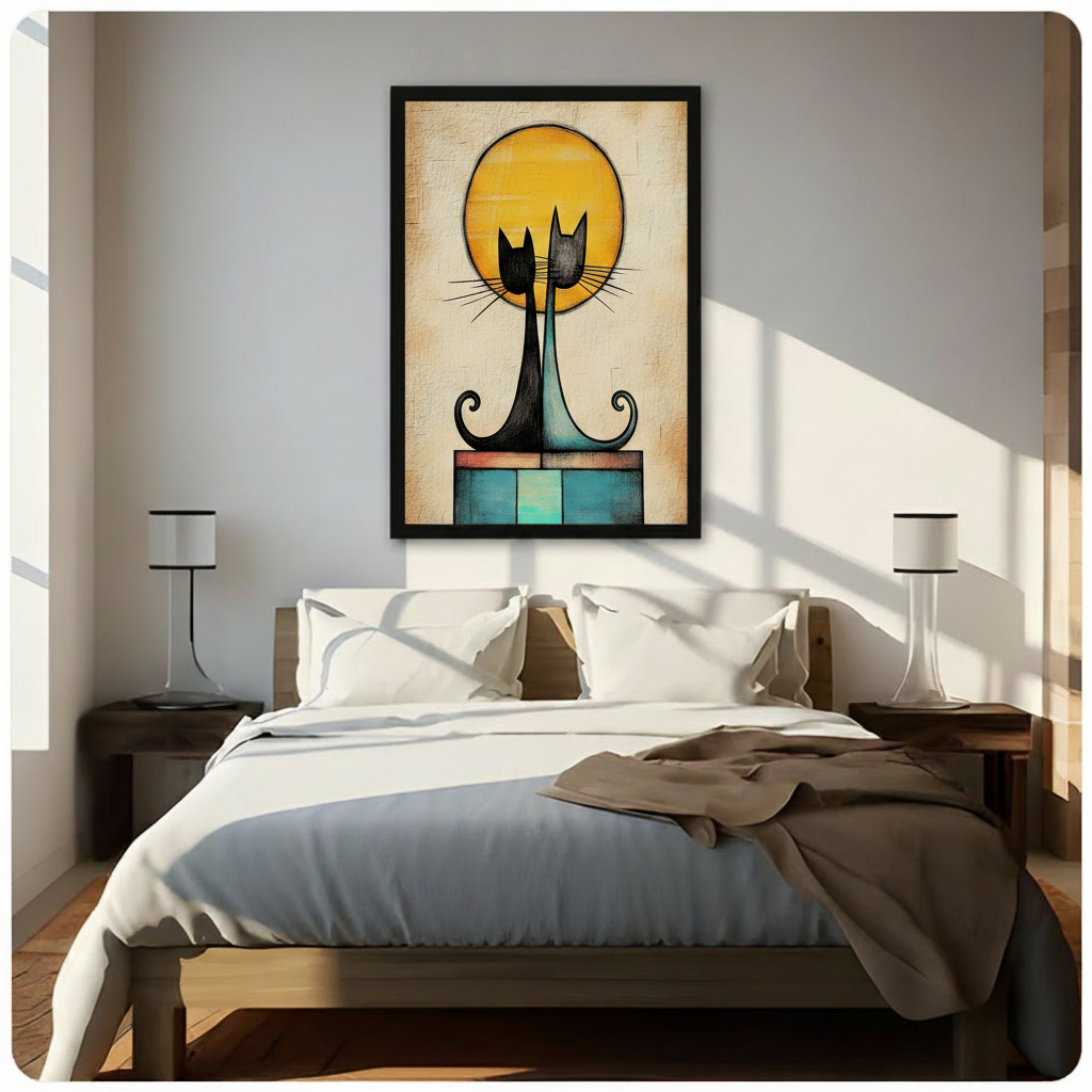 Two Cats Golden Moon Framed Canvas Art Wall Art