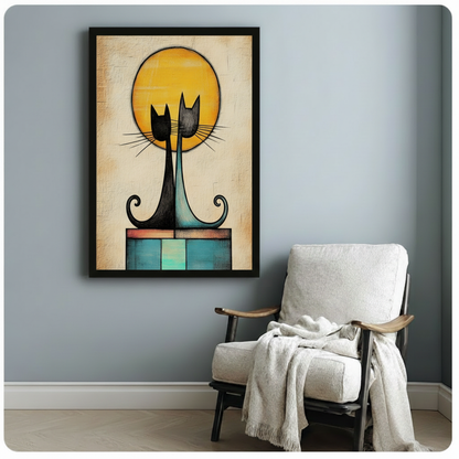 Two Cats Golden Moon Framed Canvas Art Wall Art