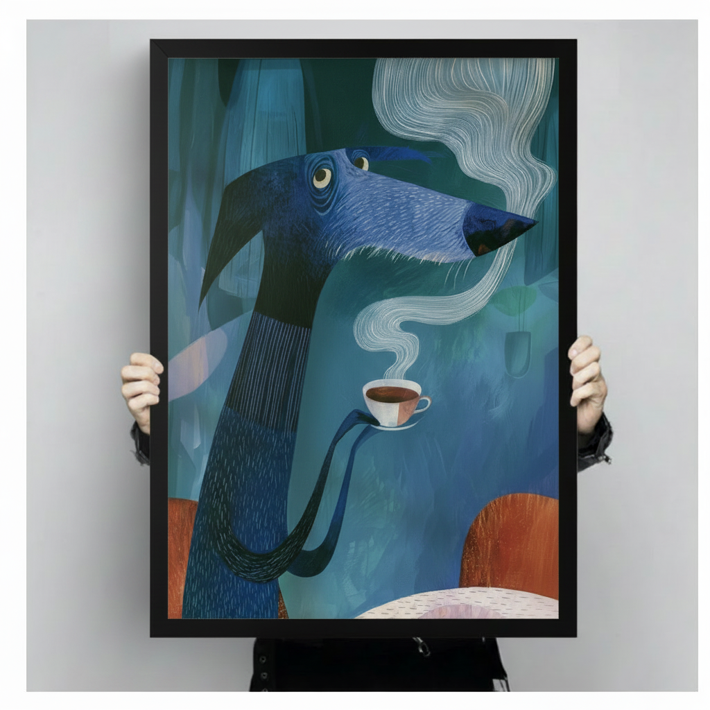 Surreal Blue Dog Coffee Cup Illustration Wall Art