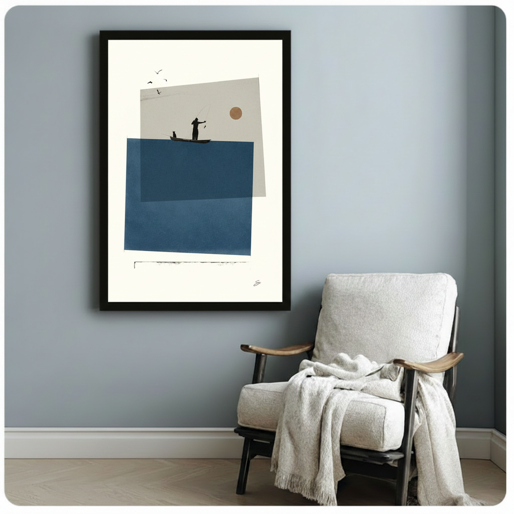 Minimalist Fisherman Cat Collage Canvas Wall Art