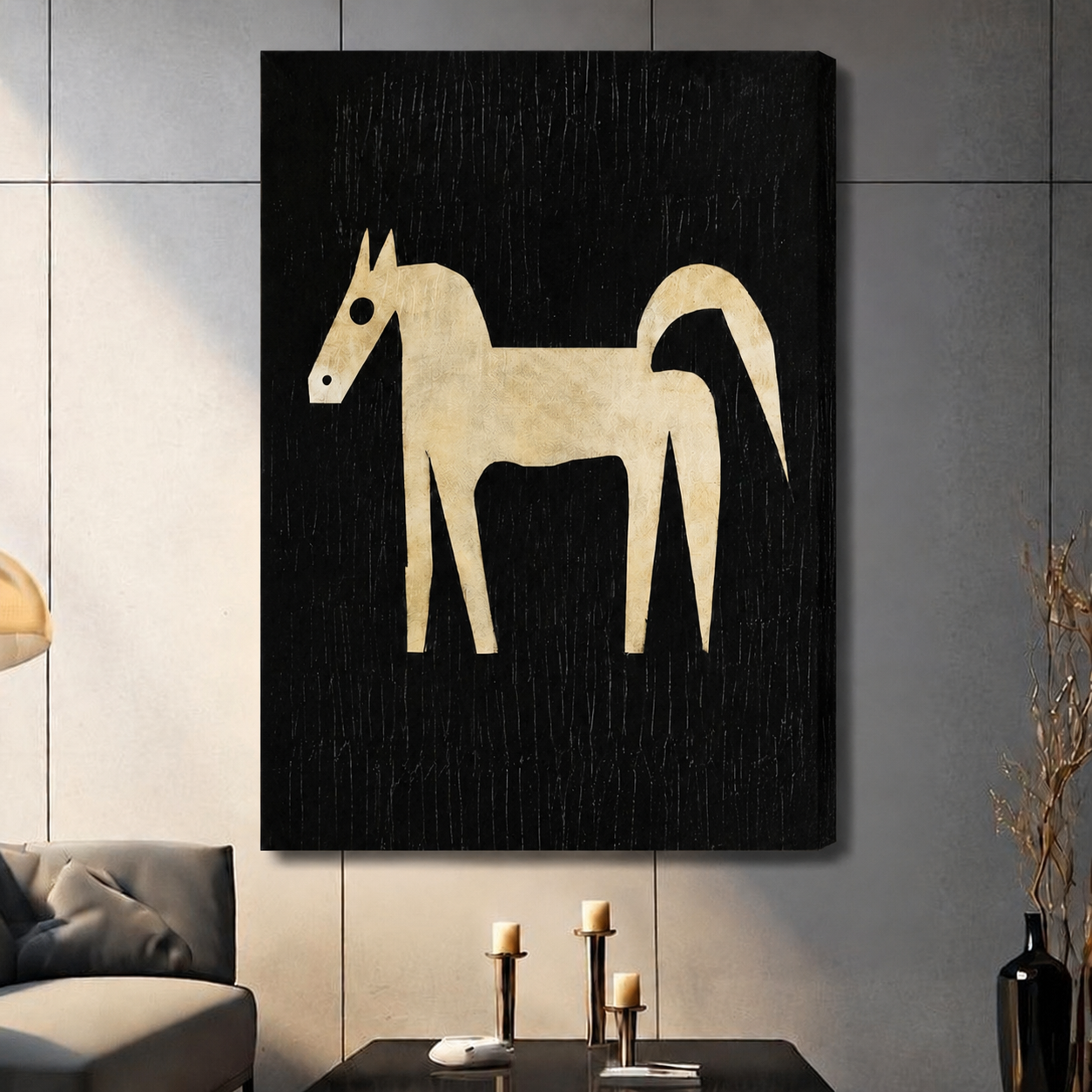 Minimalist Black Gold Horse Framed Canvas Art