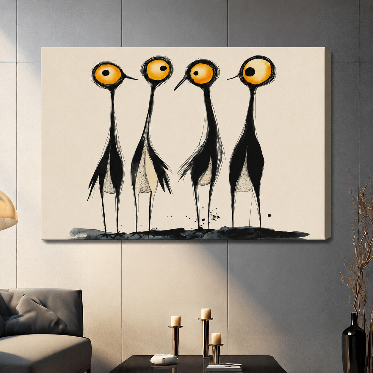 Abstract Ink Bird Quartet Minimalist Canvas Art