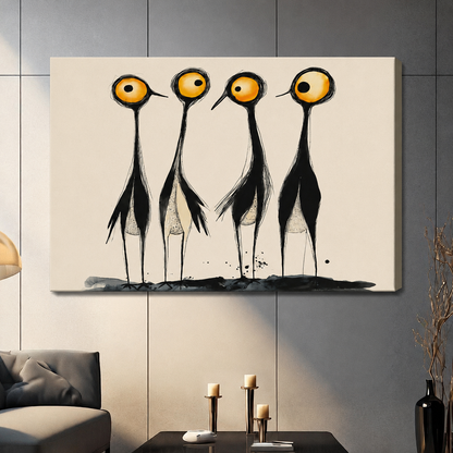 Abstract Ink Bird Quartet Minimalist Canvas Art