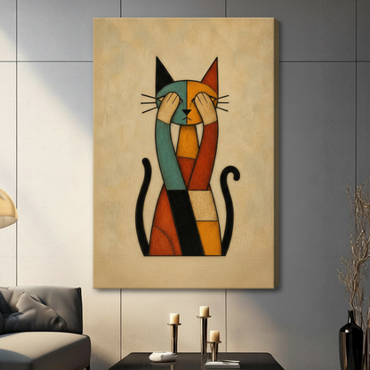 Cubist Abstract Cat Framed Canvas Wall Art