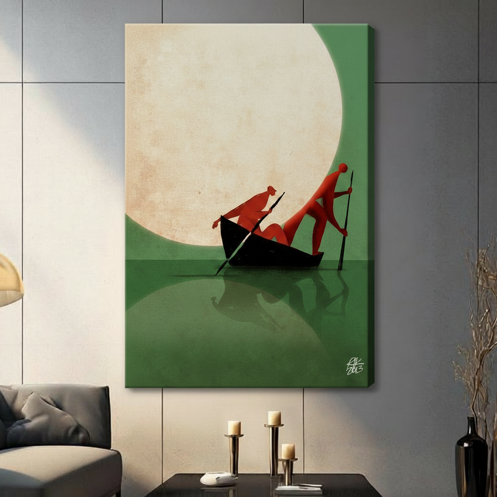 Moonlit Boatmen Minimalist Green Canvas Art Wall Art