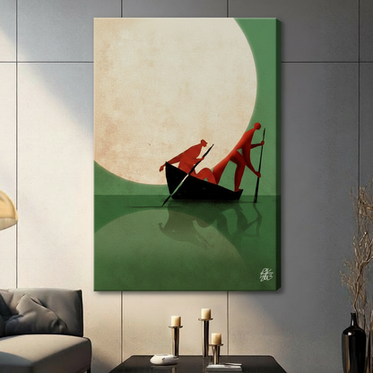 Moonlit Boatmen Minimalist Green Canvas Art Wall Art