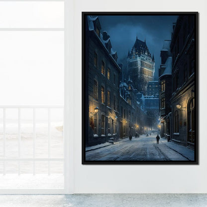 Quebec City Street On a Winter Night Canvas Wall Art