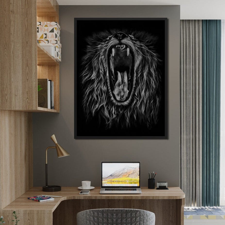 Black and White Roaring Lion Canvas Wall Art