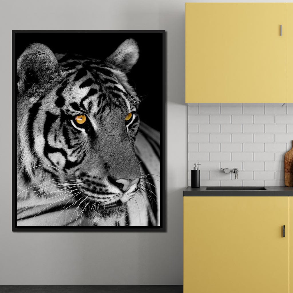 Black and White Tiger with Yellow Eyes Canvas Wall Art