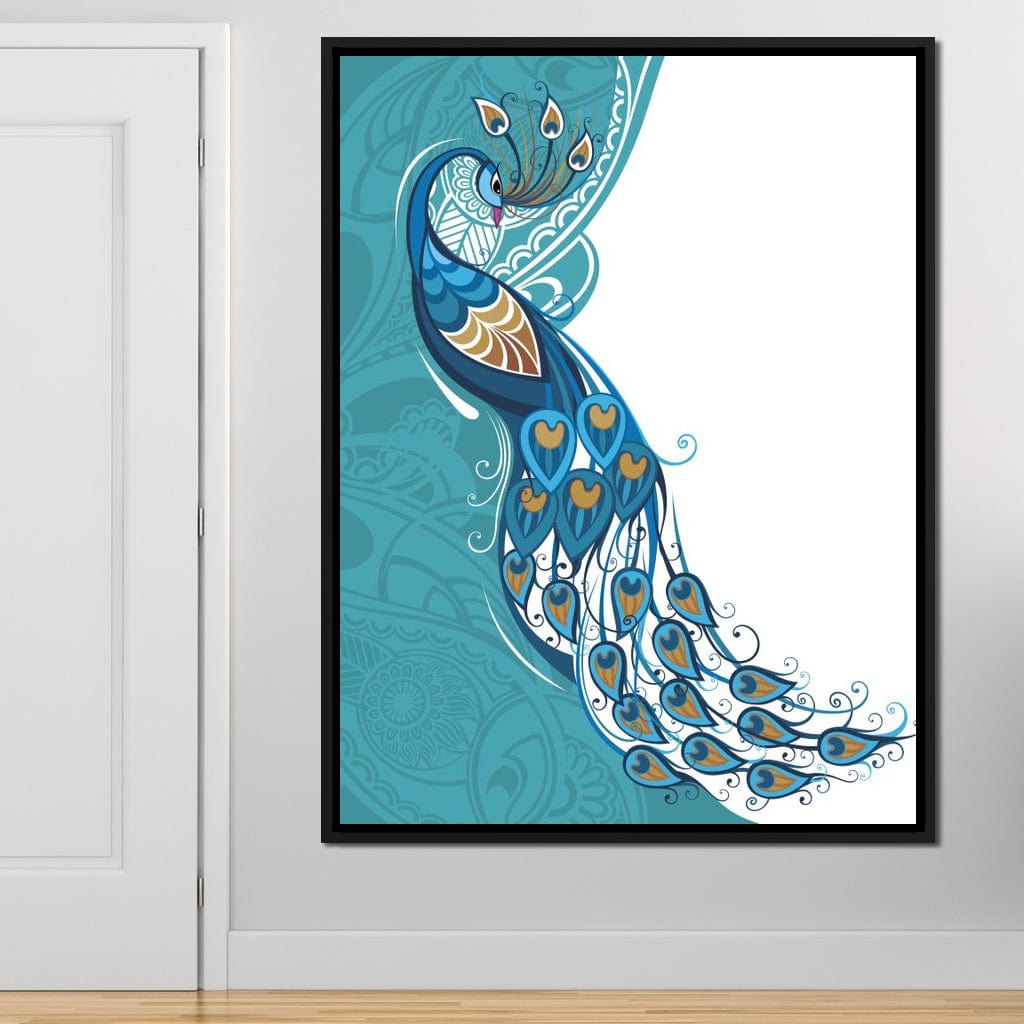 Peacock on Turquoise & White Background Canvas Wall Art