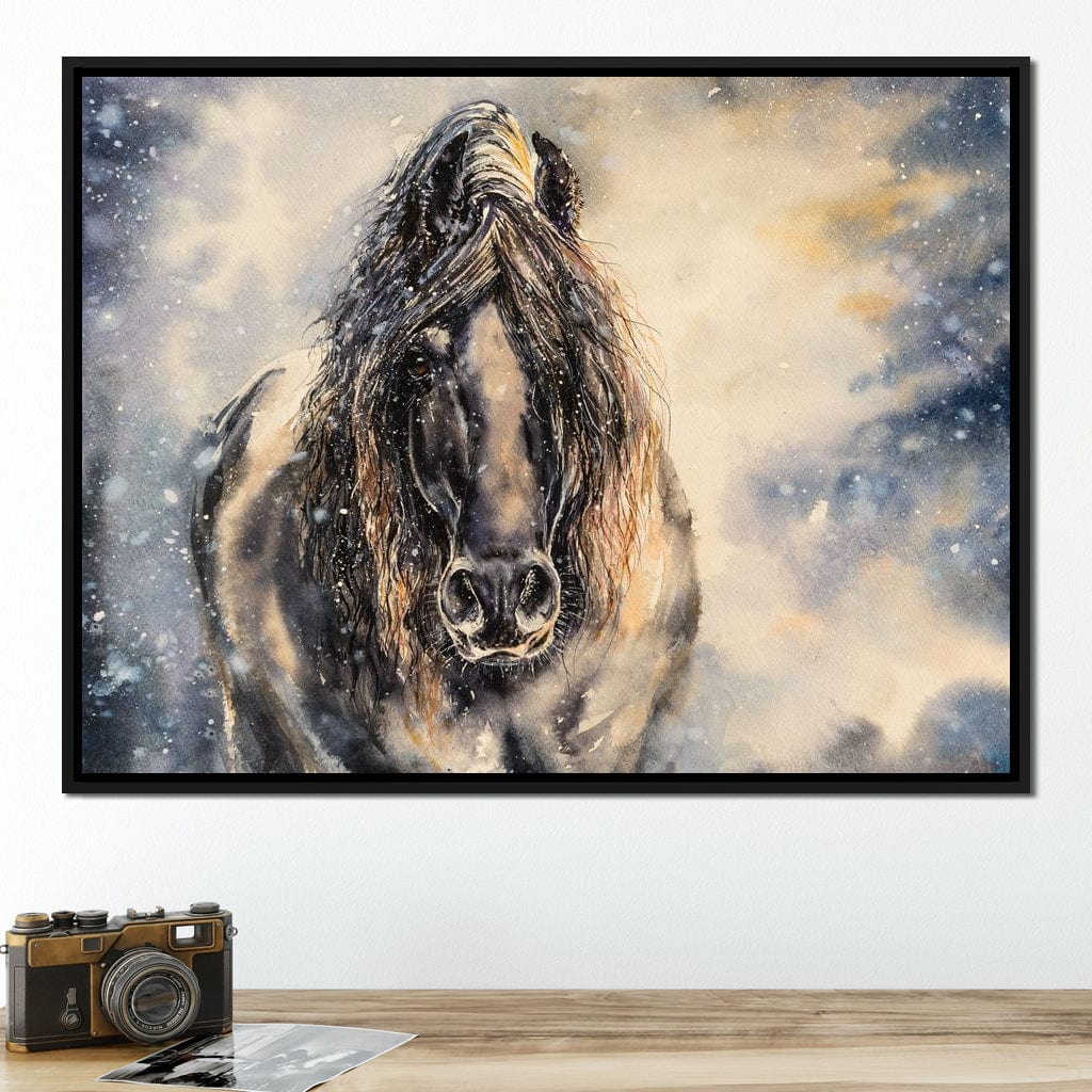 Black Horse in Winter Canvas Wall Art