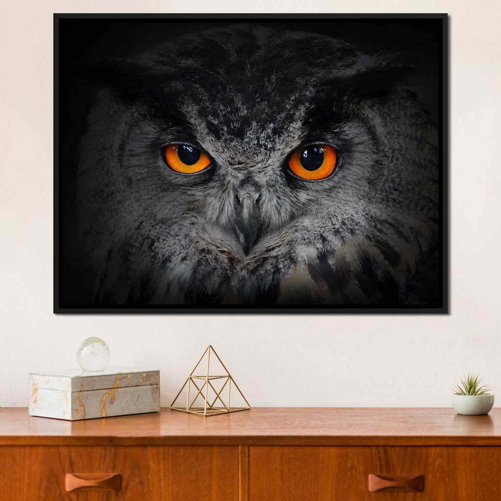 Black & White Owl with Orange Eyes Canvas Wall Art
