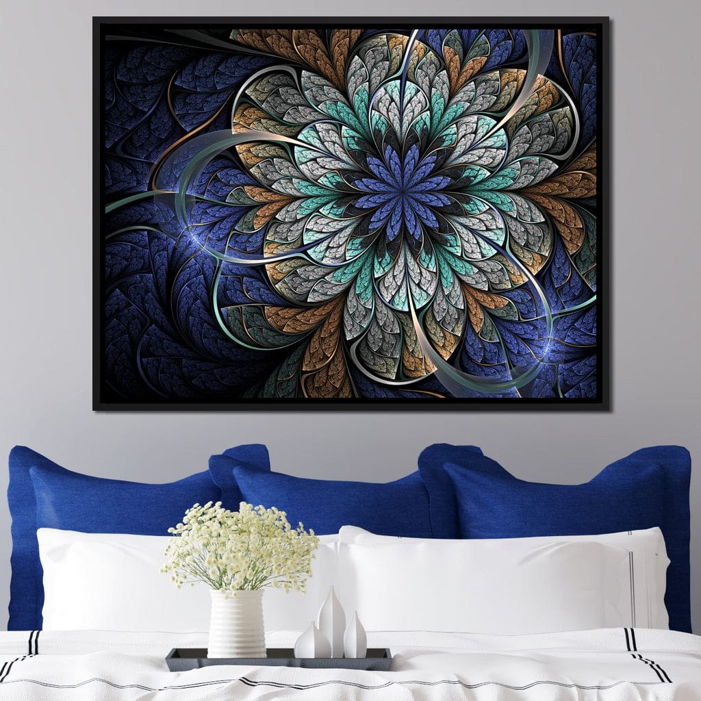 Blue and Gold Fractal Flower Canvas Wall Art