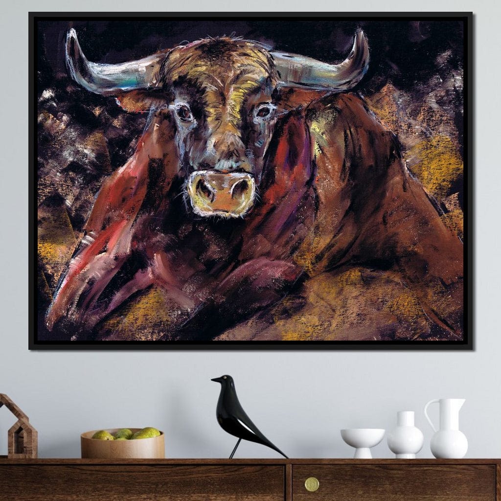 Brown Bull Charge Canvas Wall Art