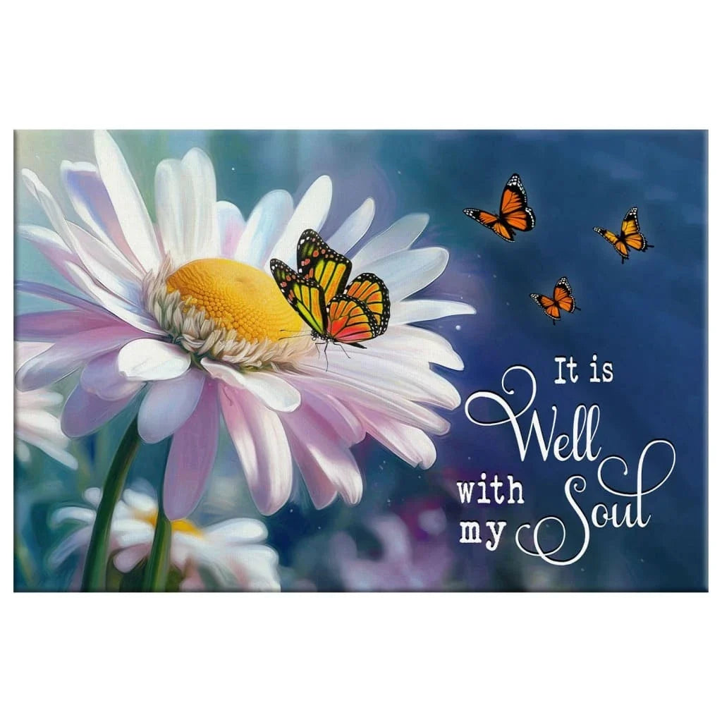 it is well with my soul canvas print daisy and butterfly christian wall art (Landscape)