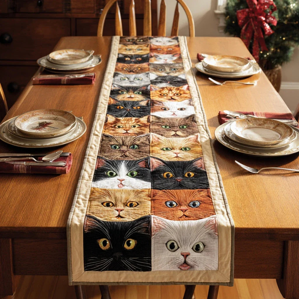 Adorable Cat Faces Quilted Table Runner