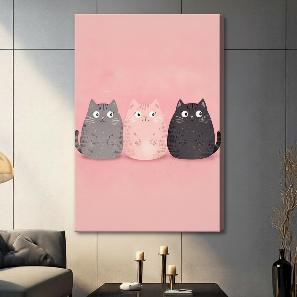 Cute Cat Trio Pink Kawaii Canvas Art Wall Art