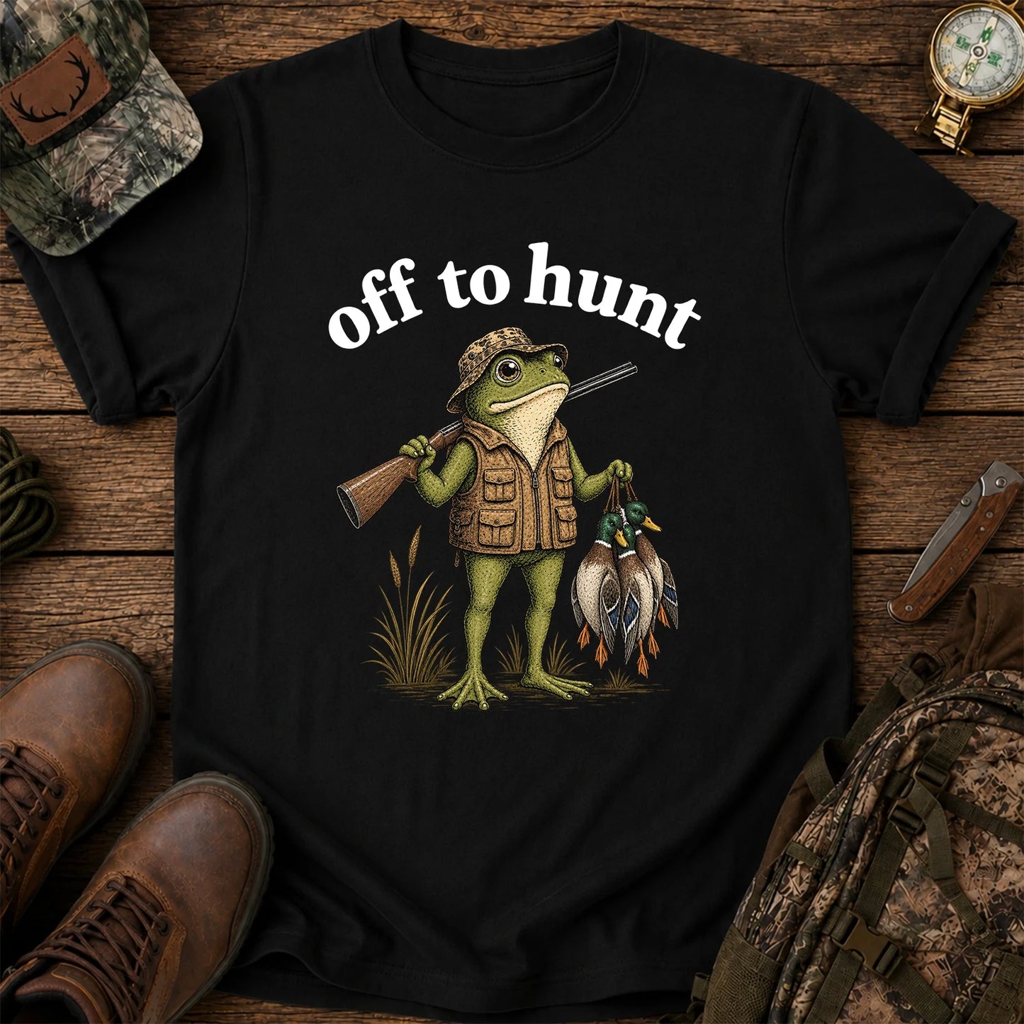 Off to Hunt T-Shirt, Funny Frog Duck Hunting Tee