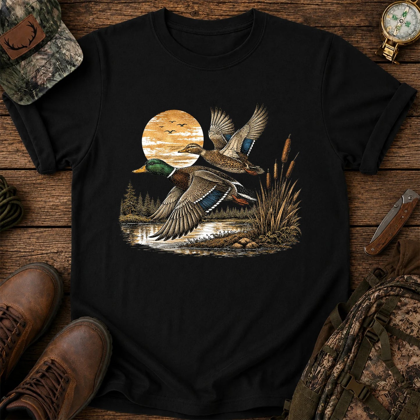 Mallard Ducks Flying at Sunset T-Shirt, Retro Waterfowl Hunting Tee