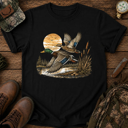 Mallard Ducks Flying at Sunset T-Shirt, Retro Waterfowl Hunting Tee