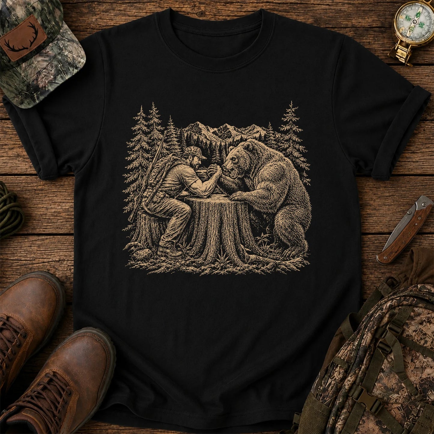 Hunter Arm Wrestling a Bear T-Shirt, Funny Wilderness Tee