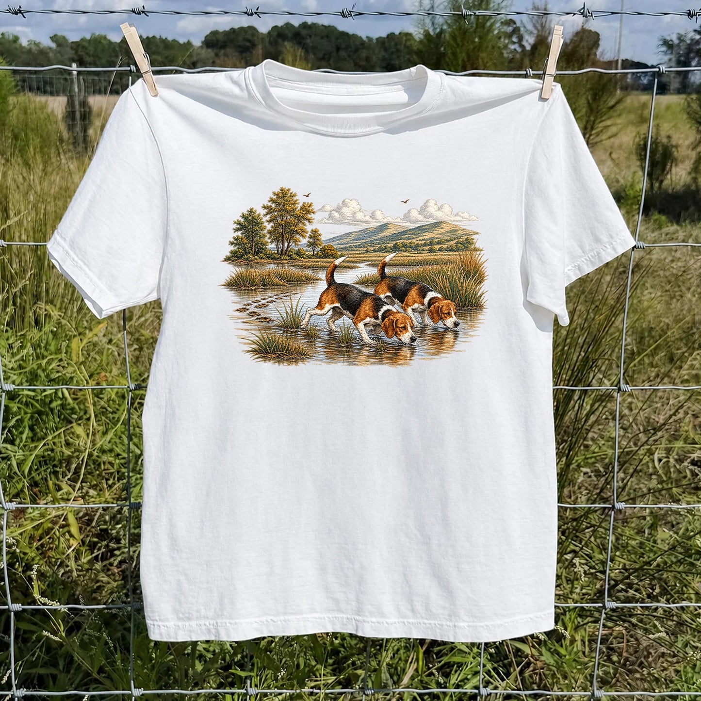 Beagles Tracking Through a Marsh T-Shirt, Vintage Hunting Dog Tee