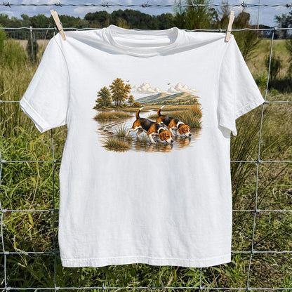 Beagles Tracking Through a Marsh T-Shirt, Vintage Hunting Dog Tee
