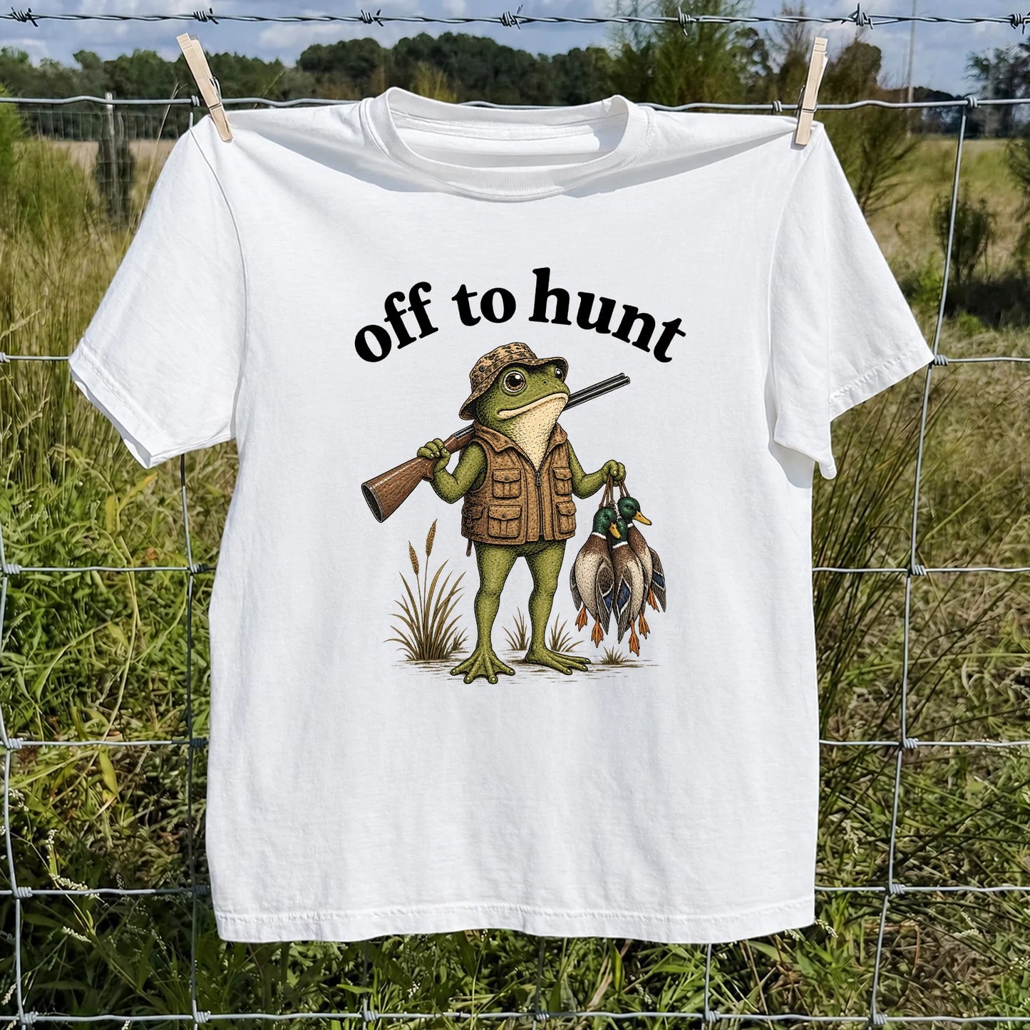 Off to Hunt T-Shirt, Funny Frog Duck Hunting Tee