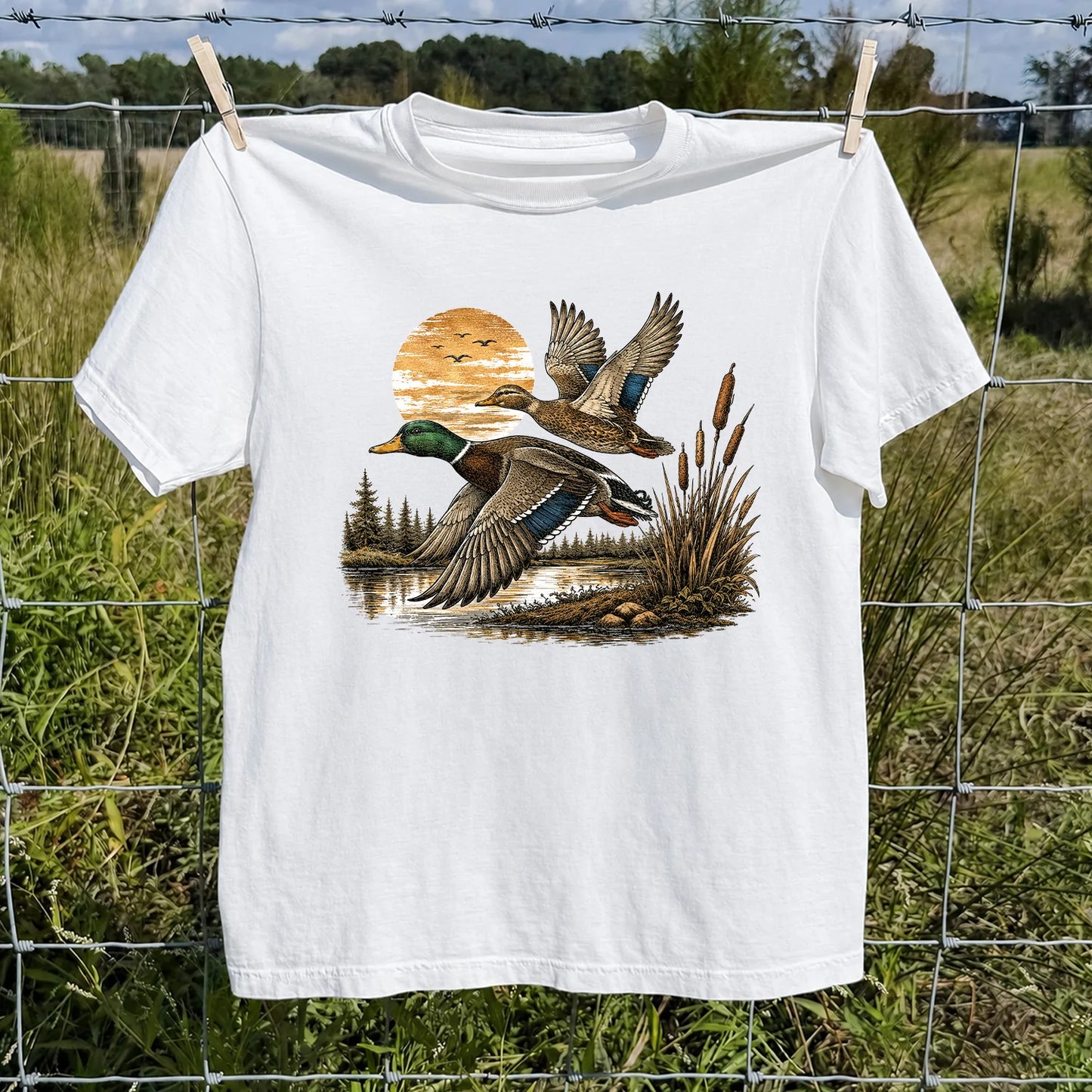 Mallard Ducks Flying at Sunset T-Shirt, Retro Waterfowl Hunting Tee