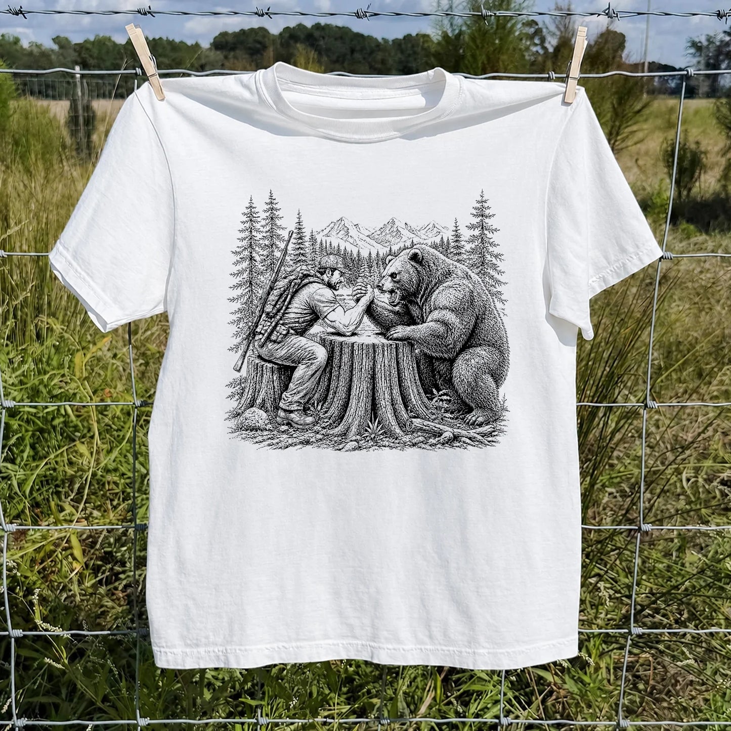 Hunter Arm Wrestling a Bear T-Shirt, Funny Wilderness Tee