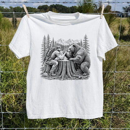Hunter Arm Wrestling a Bear T-Shirt, Funny Wilderness Tee
