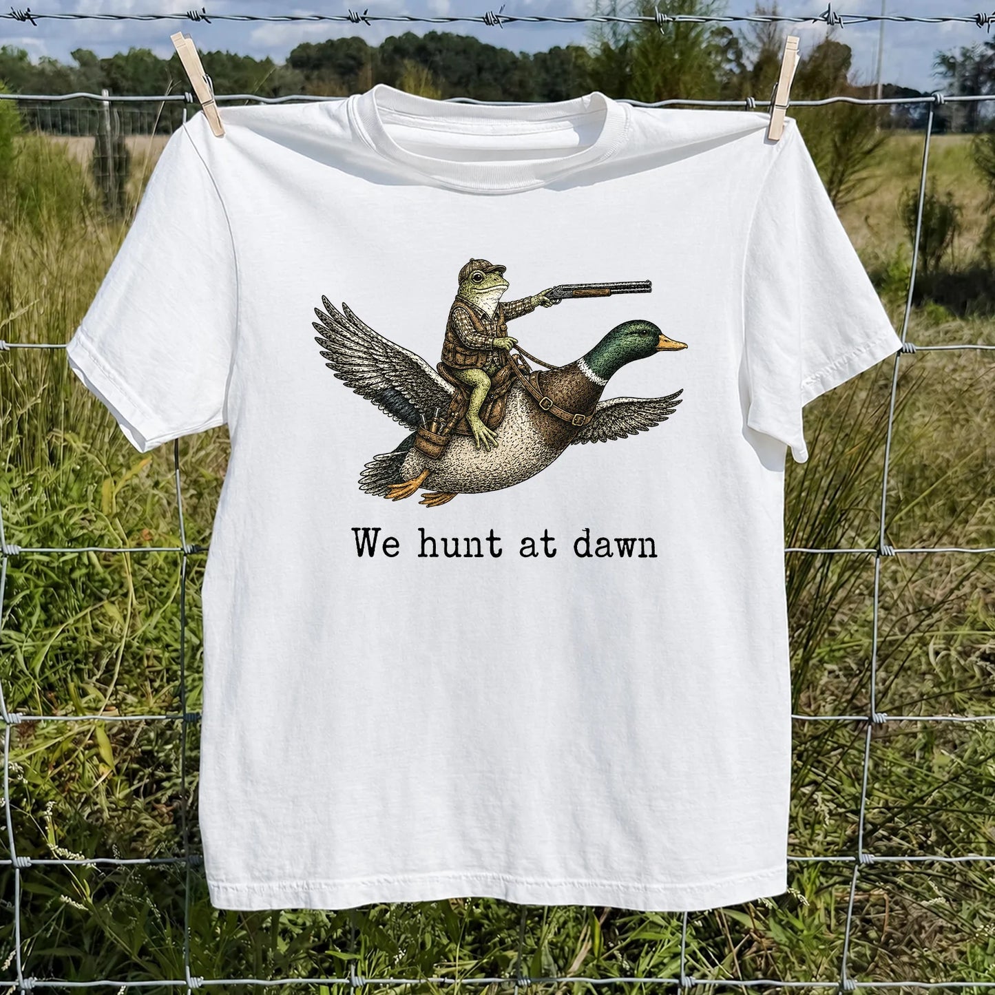 We Hunt at Dawn T-Shirt, Funny Frog Duck Hunting Tee