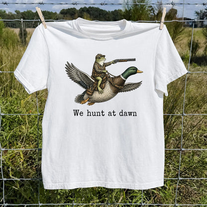We Hunt at Dawn T-Shirt, Funny Frog Duck Hunting Tee