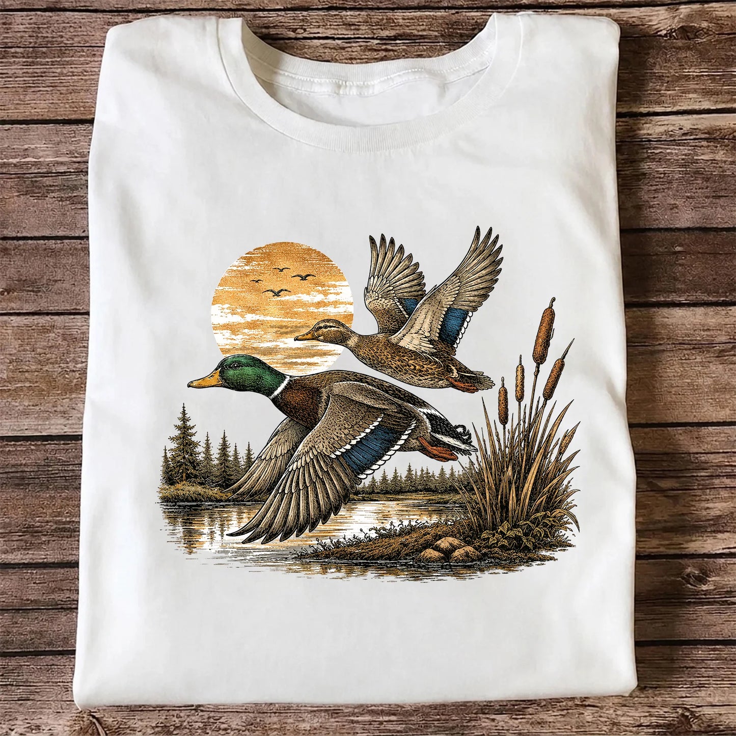 Mallard Ducks Flying at Sunset T-Shirt, Retro Waterfowl Hunting Tee
