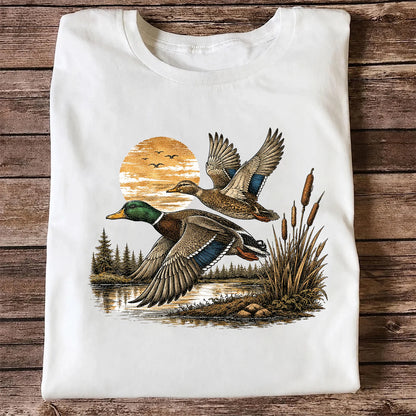 Mallard Ducks Flying at Sunset T-Shirt, Retro Waterfowl Hunting Tee